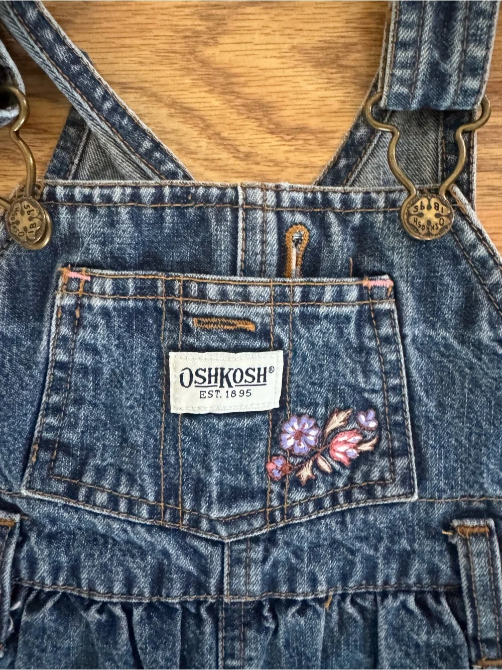 OshKosh B'gosh Dark Blue Denim Overalls with Pink Floral Embroidery - 0-3 month